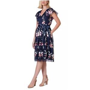 Jessica Howard Navy-Multi Floral Embroidered Sleeveless Shift Dress 10R